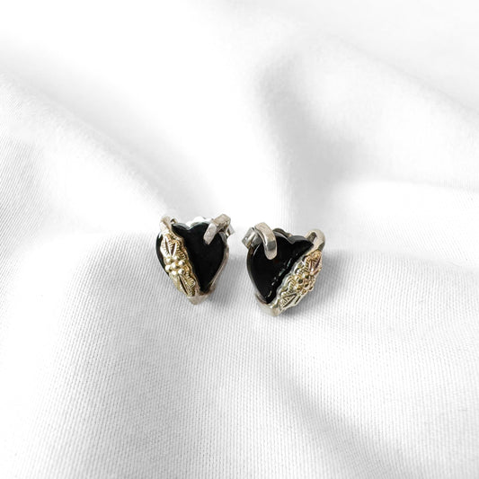 Vintage 925 12K RGC Black Hills Gold Onyx Leaf Detail Heart Stud Earrings