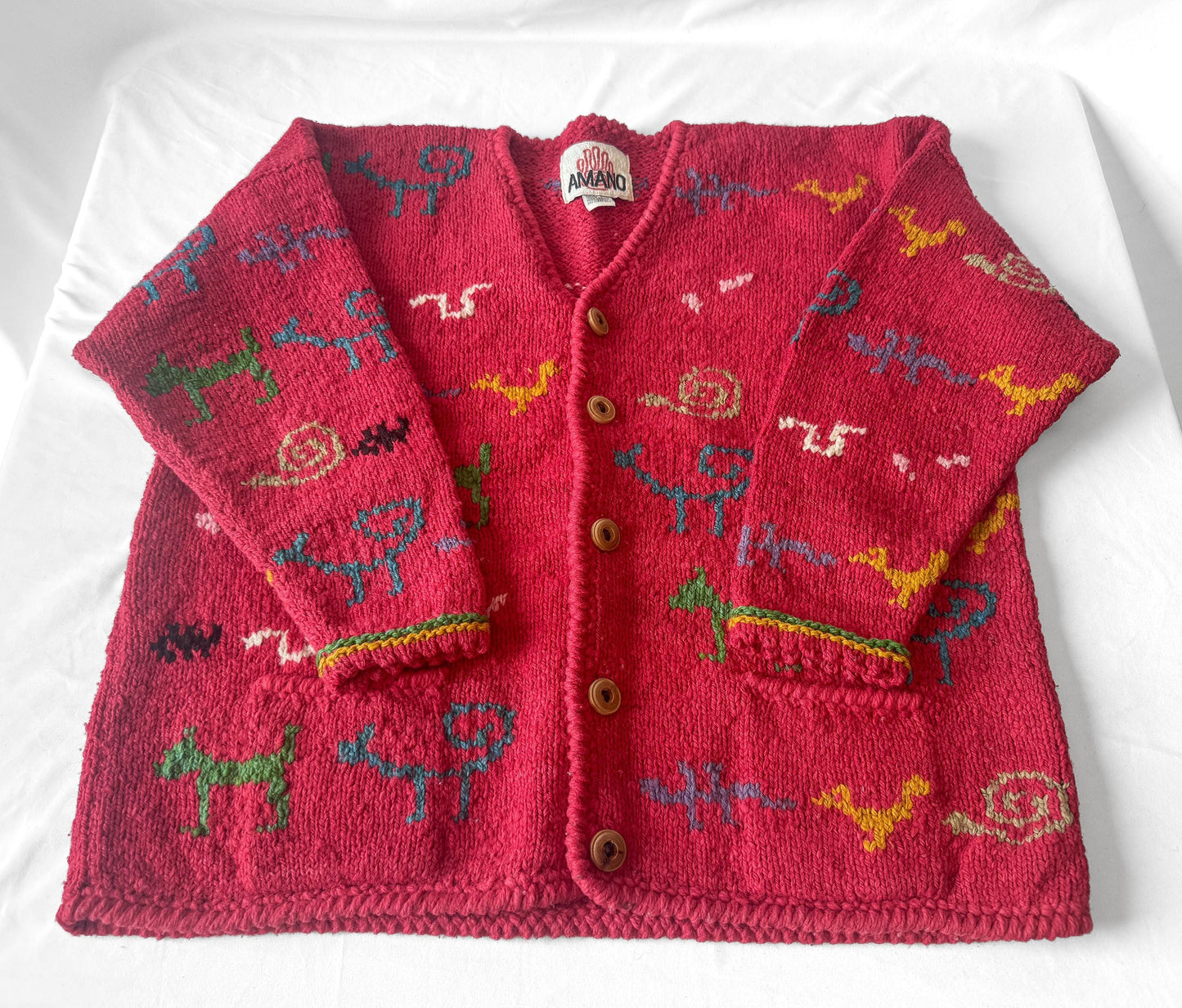 Vintage Amano Fushscia Pink Scribble Animal Swirl Abstract Print Pure Wool Cardigan Sweater, Approx. Women's Sz. XL