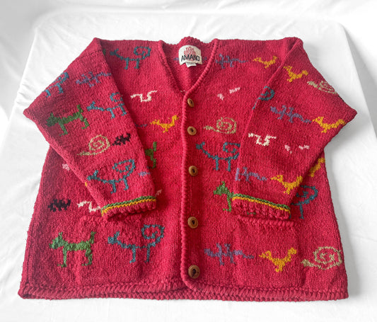 Vintage Amano Fushscia Pink Scribble Animal Swirl Abstract Print Pure Wool Cardigan Sweater, Approx. Women's Sz. XL