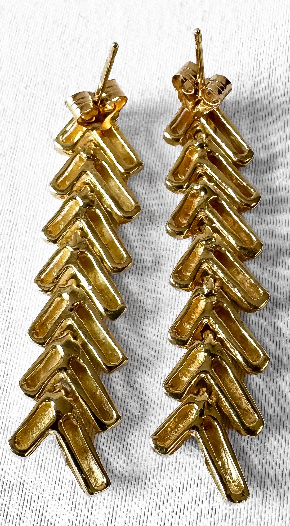Vintage 14K Yellow Gold Chevron Link Dangle Stud Earrings, Elegant Simple Minimalist Statement Earrings