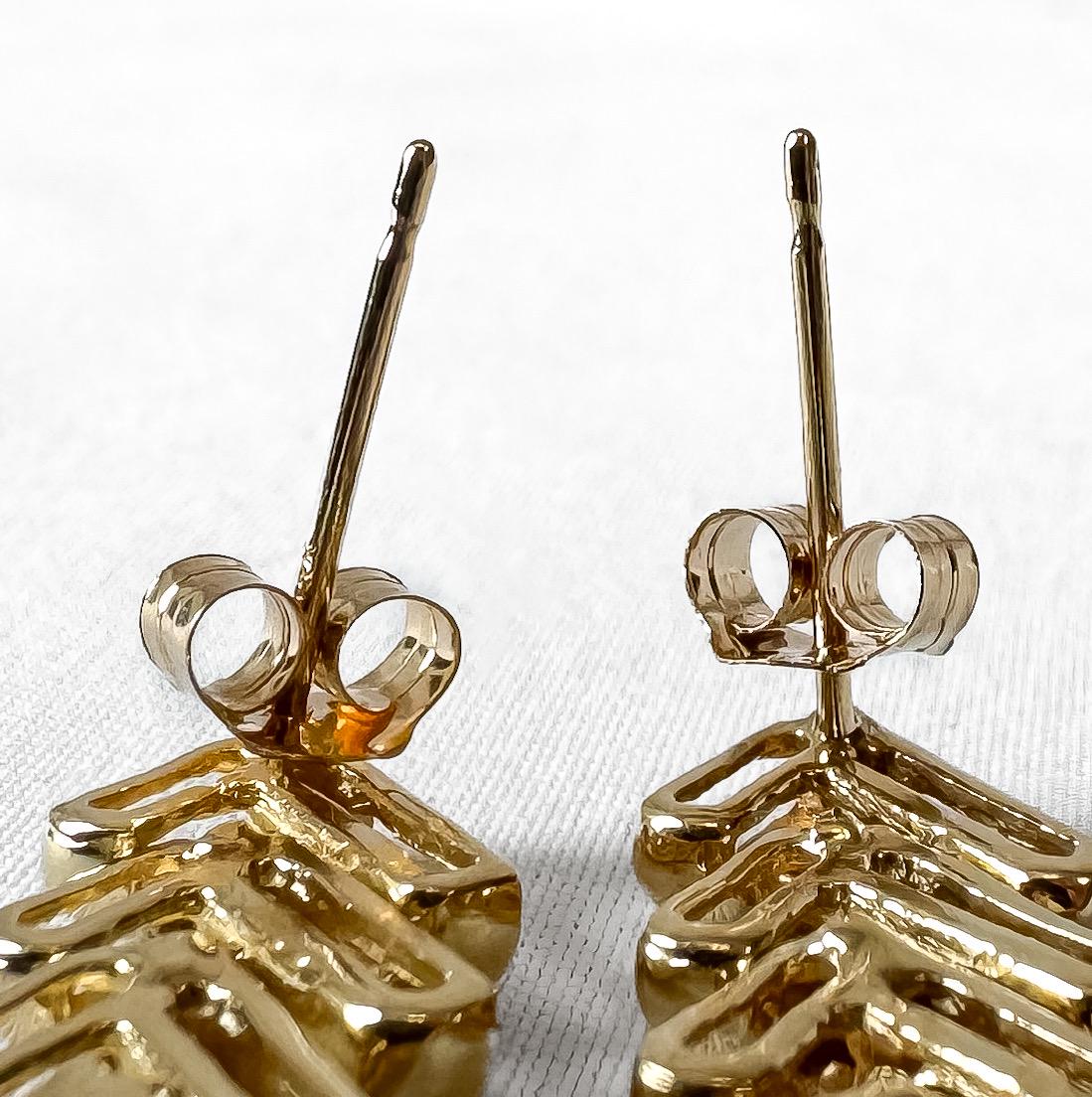 Vintage 14K Yellow Gold Chevron Link Dangle Stud Earrings, Elegant Simple Minimalist Statement Earrings