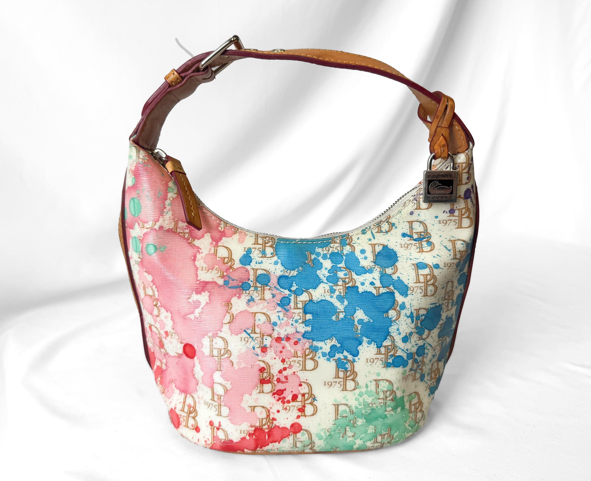 Y2K Vintage Dooney and Bourke Off White Rainbow Watercolor Paint Splash Monogram Hobo Shoulder Bag
