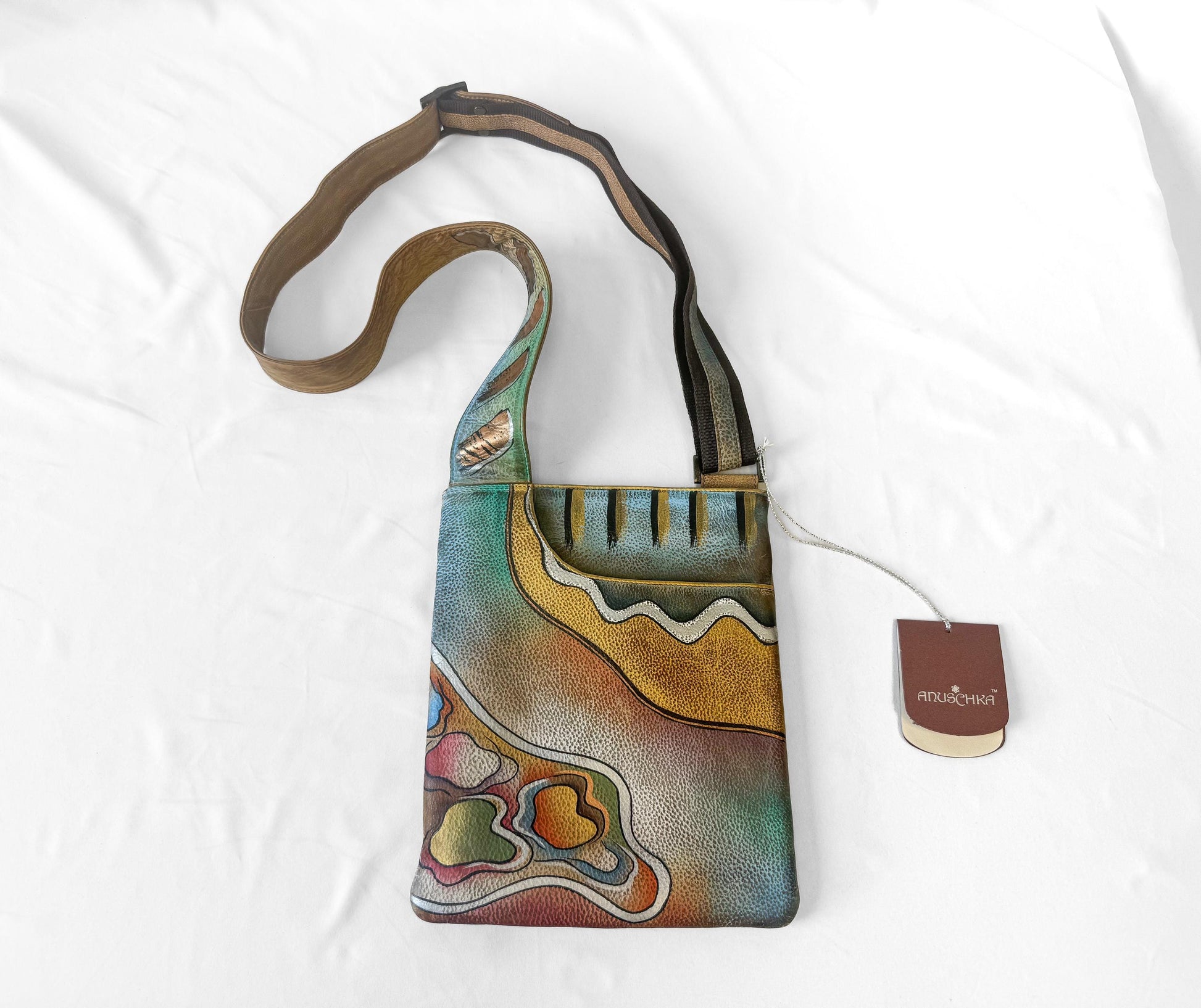NWT Anuschka Multicolor Abstract Print Leather Crossbody Bag, Unique Boho Style Handbag