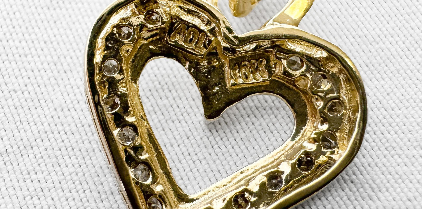 Vintage 10K Yellow Gold Round Diamond Heart 18 Inch Pendant Necklace
