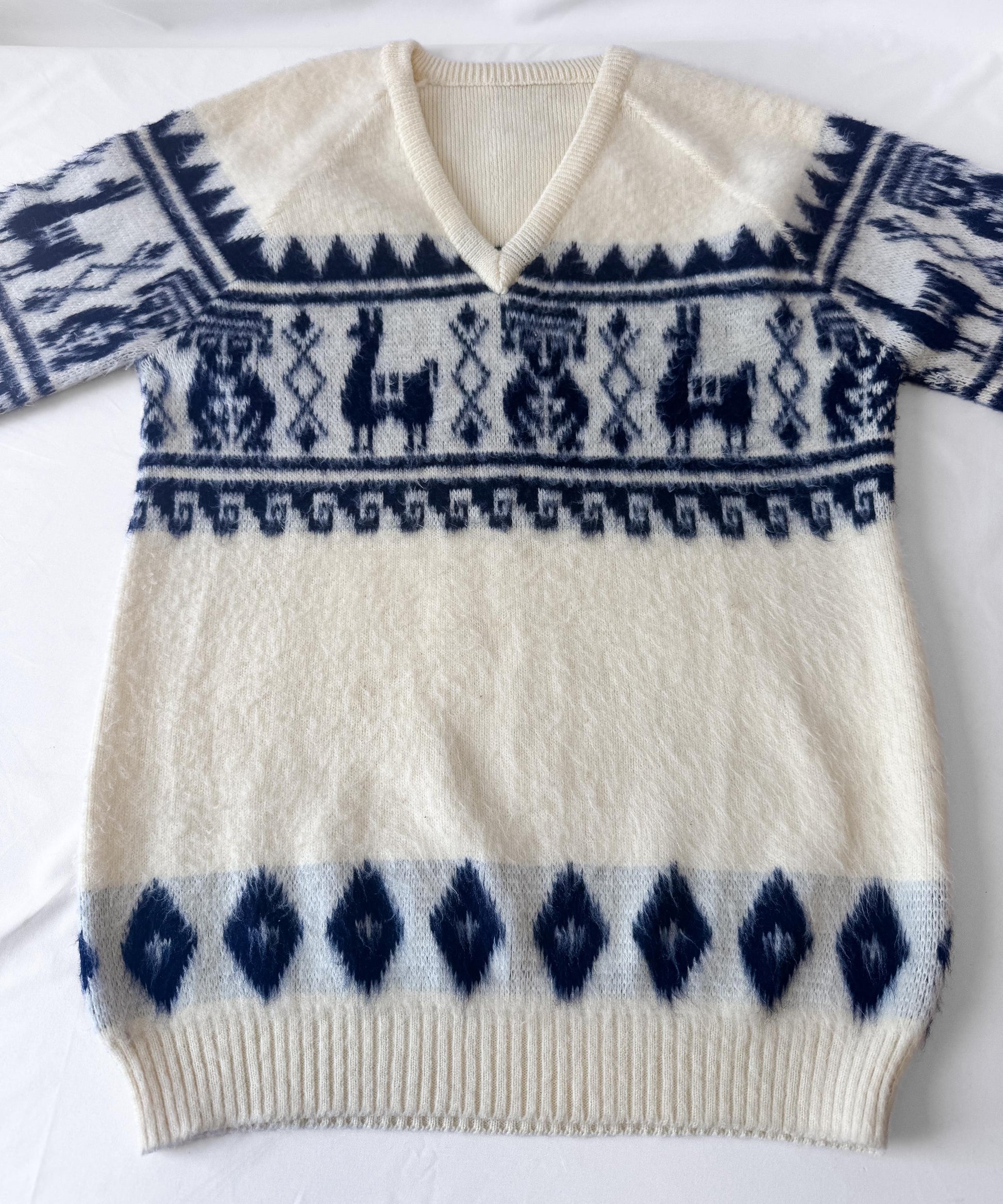 Vintage Cream Navy Alpaca Llama Andean Inca Geometric Print V-Neck Unisex Sweater, Approx. Men's Sz. L