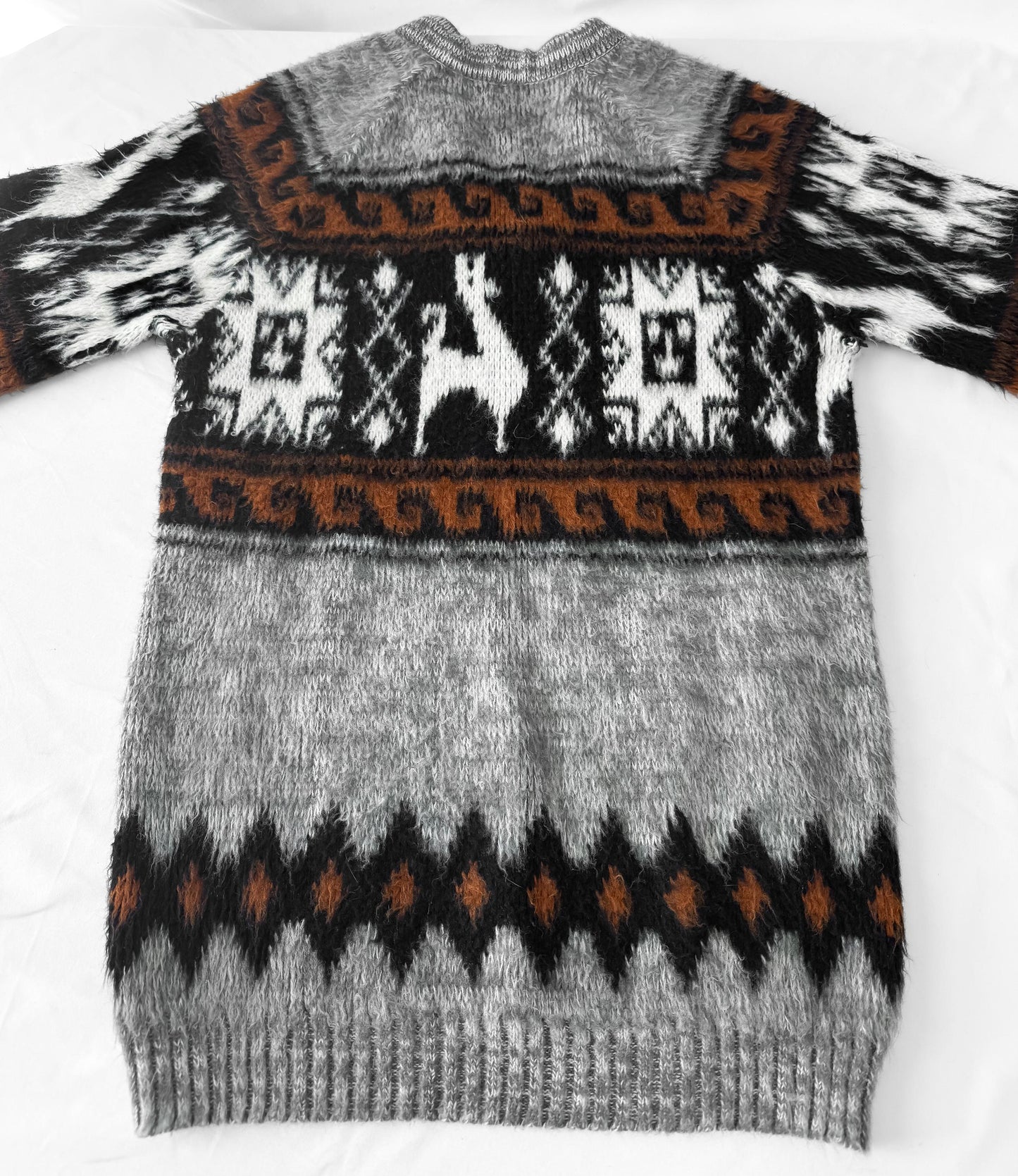 Vintage Gray Brown Alpaca Llama Andean Inca Style Geometric Print V-Neck Unisex Sweater, Approx. Men's Sz. L
