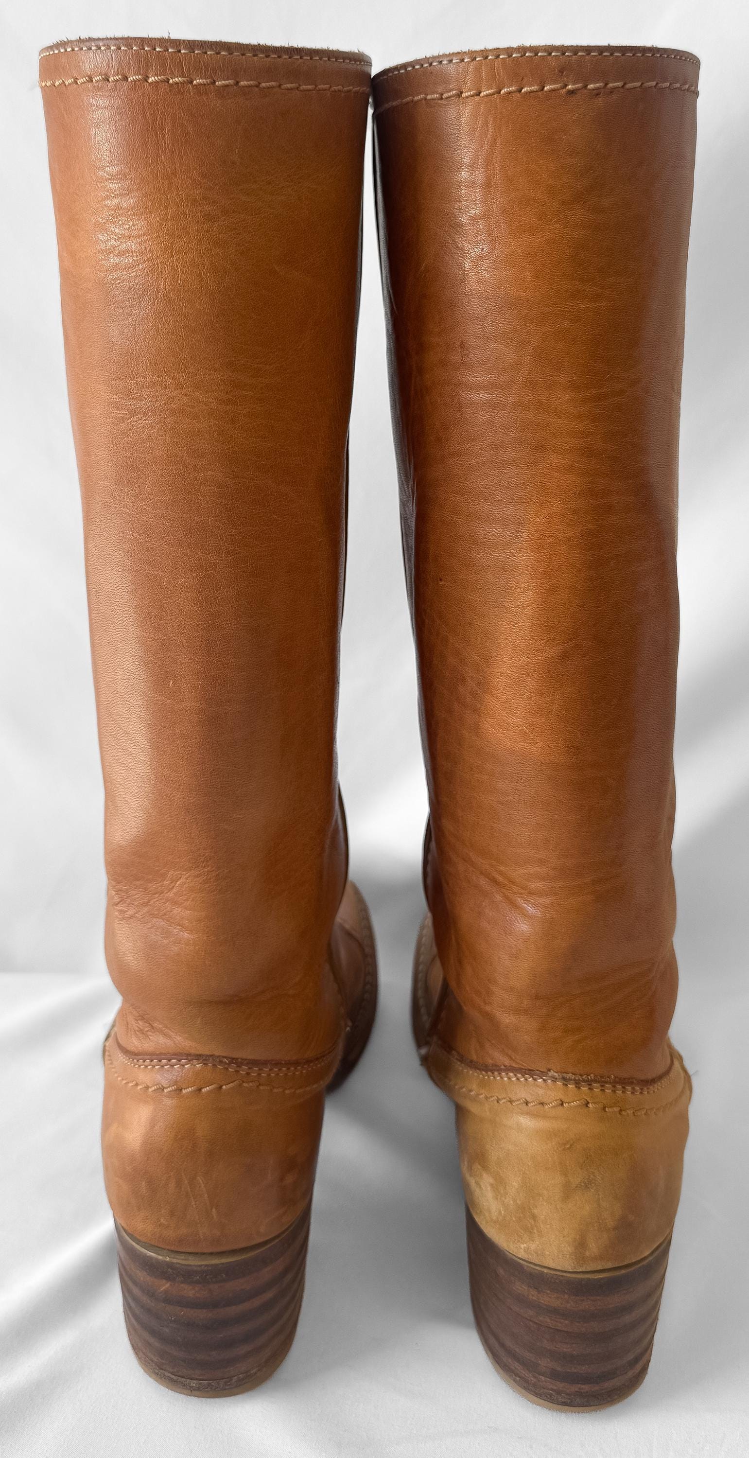 Vintage 70s Bort Carleton Tan Brown Leather Campus Style Knee High Boots, Approx. Women's Sz. 7