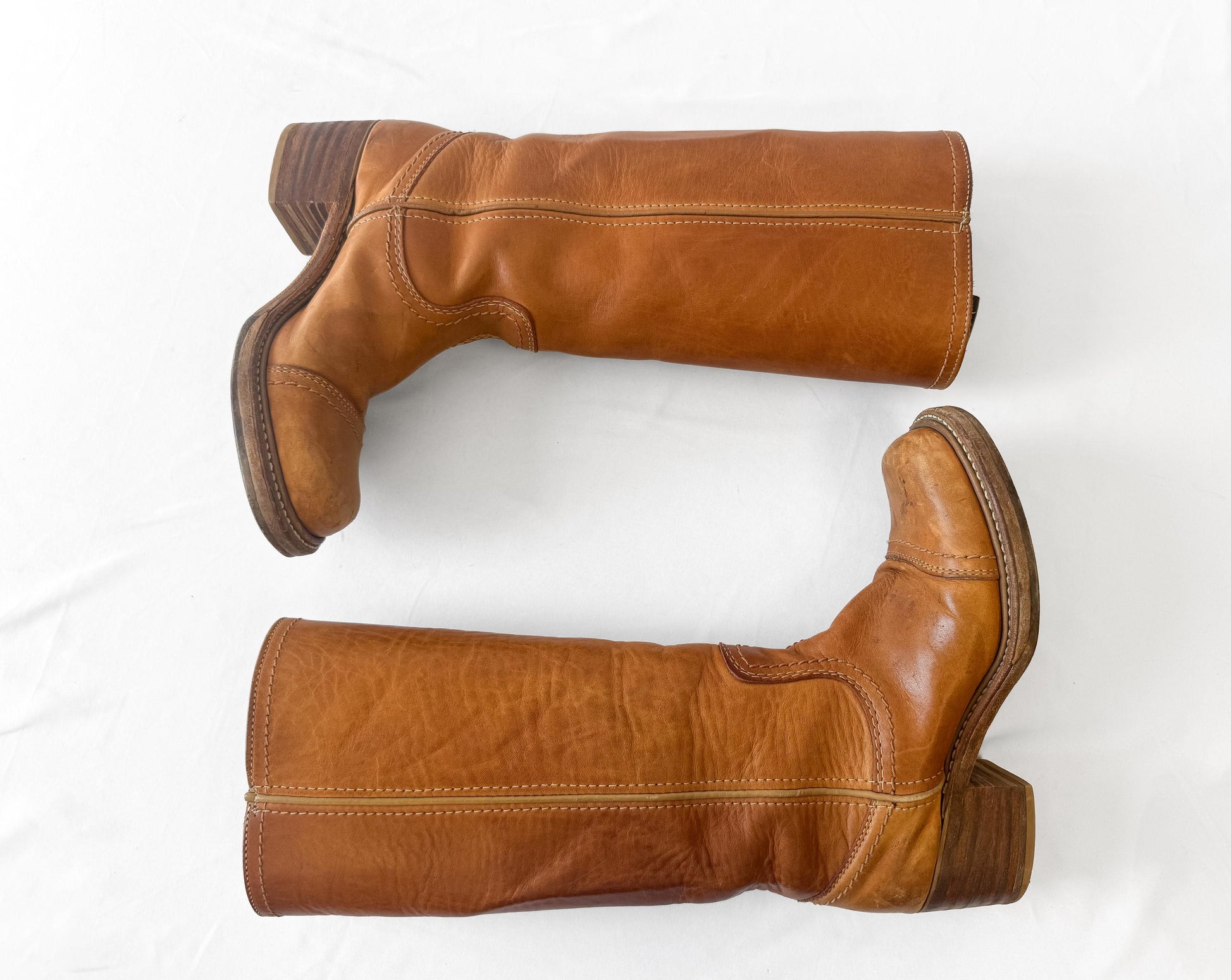 Vintage 70s Bort Carleton Tan Brown Leather Campus Style Knee High Boots, Approx. Women's Sz. 7