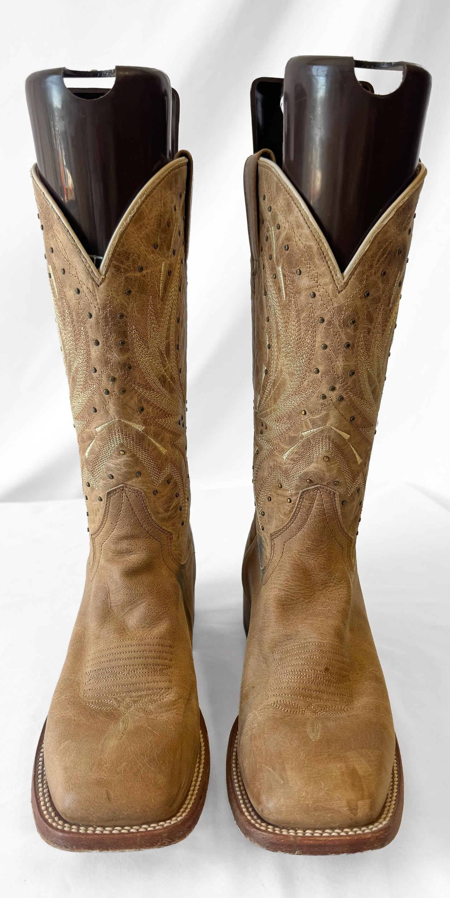 Vintage Style Shyanne Tan Studded Hybrid Leather TPU Imogen Cowboy Boots, Women's Sz. 9M, Unique Western Festival Style Boots