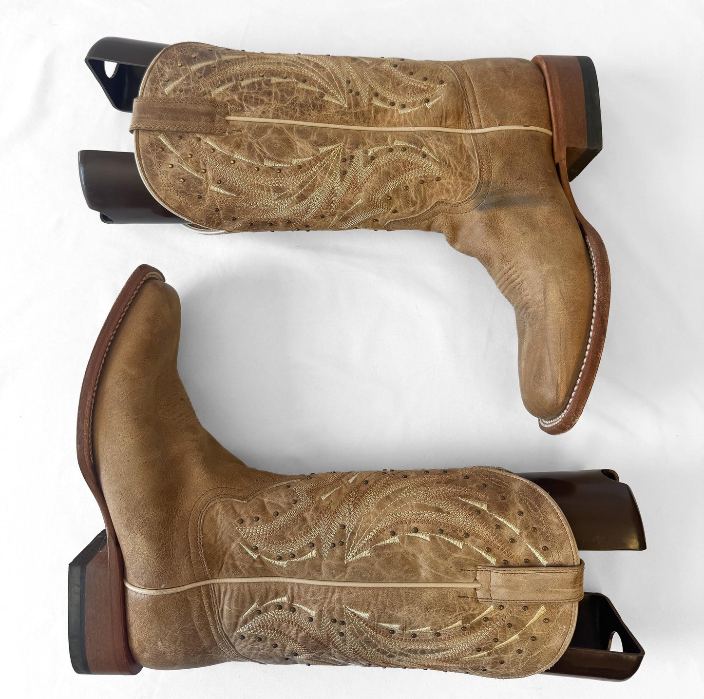 Vintage Style Shyanne Tan Studded Hybrid Leather TPU Imogen Cowboy Boots, Women's Sz. 9M, Unique Western Festival Style Boots