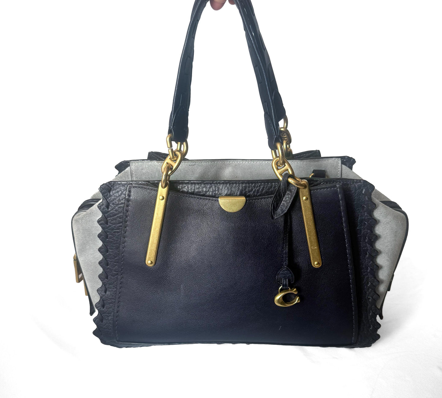 Modern Coach Dreamer Whipstitch Color Block Ink Blue Gray Leather Suede Satchel with Detachable Strap Style 76767