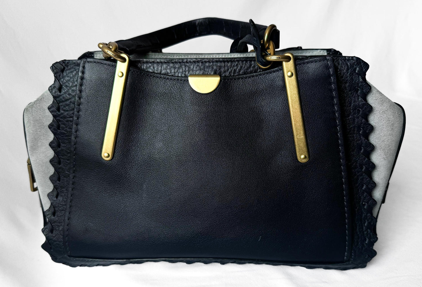 Modern Coach Dreamer Whipstitch Color Block Ink Blue Gray Leather Suede Satchel with Detachable Strap Style 76767