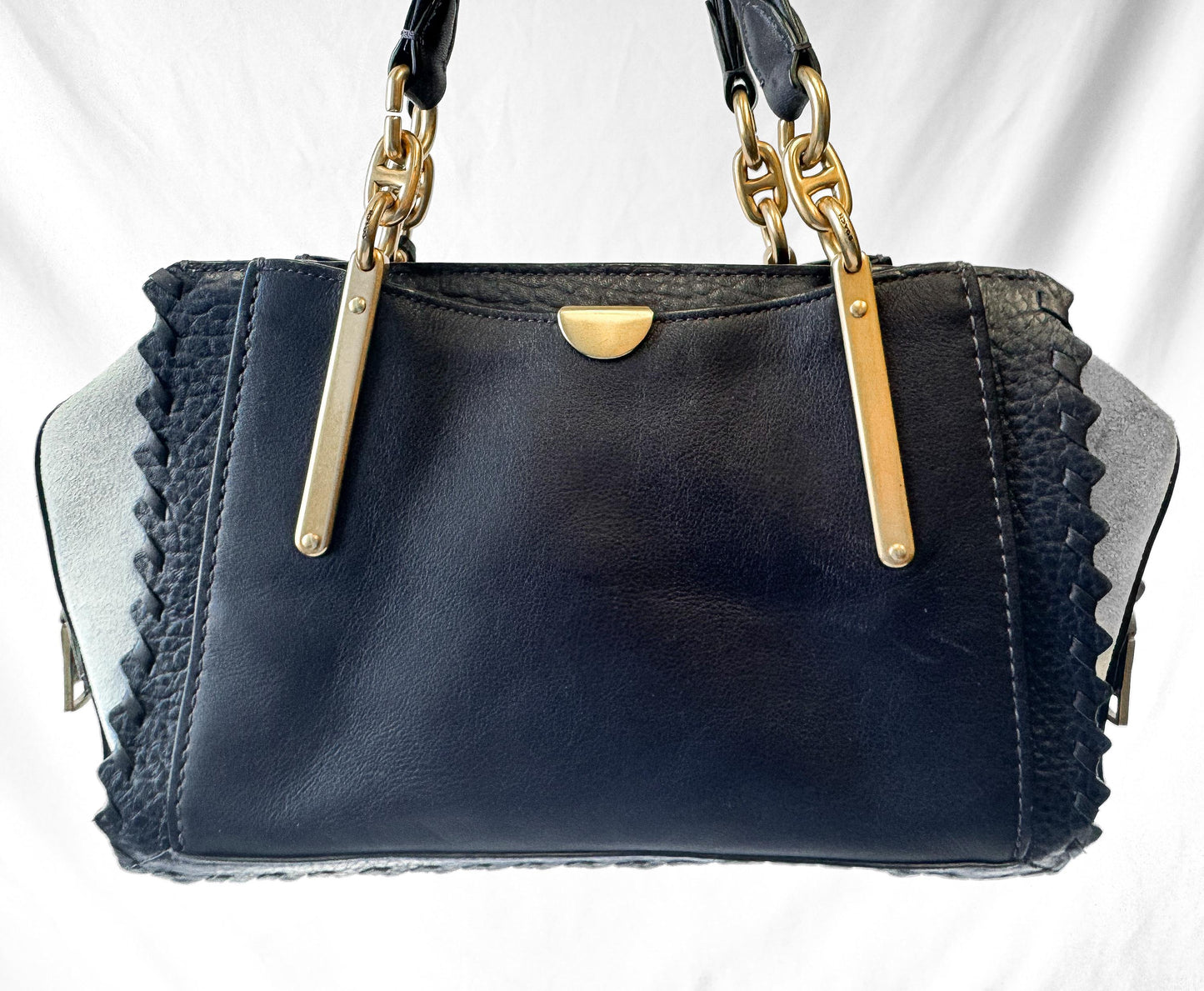 Modern Coach Dreamer Whipstitch Color Block Ink Blue Gray Leather Suede Satchel with Detachable Strap Style 76767