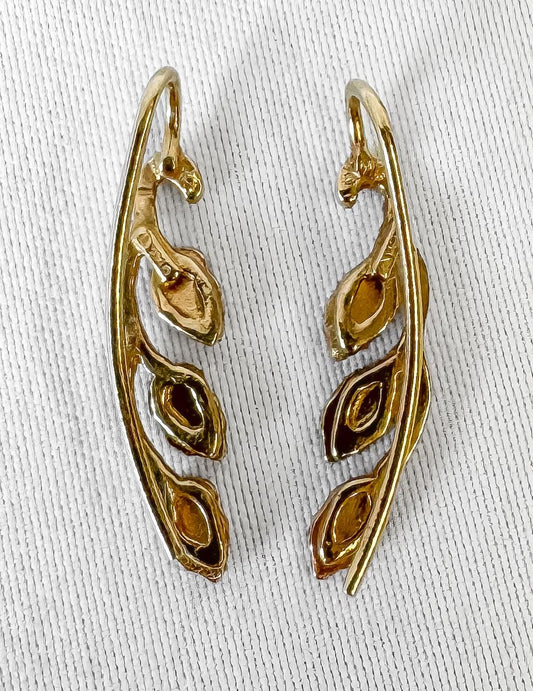 Vintage 14K Black Hills Gold Tri Color Leaf Dangle Stud Earrings