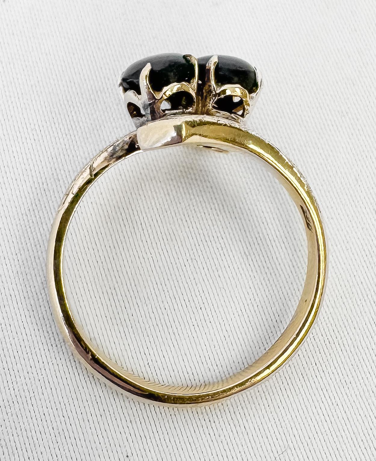 Vintage Estate 18K Black Cats Eye Cabochon Bypass Ring, Size 6.75, Unique Victorian Mid-Century Brutalist Art Deco Cocktail Ring