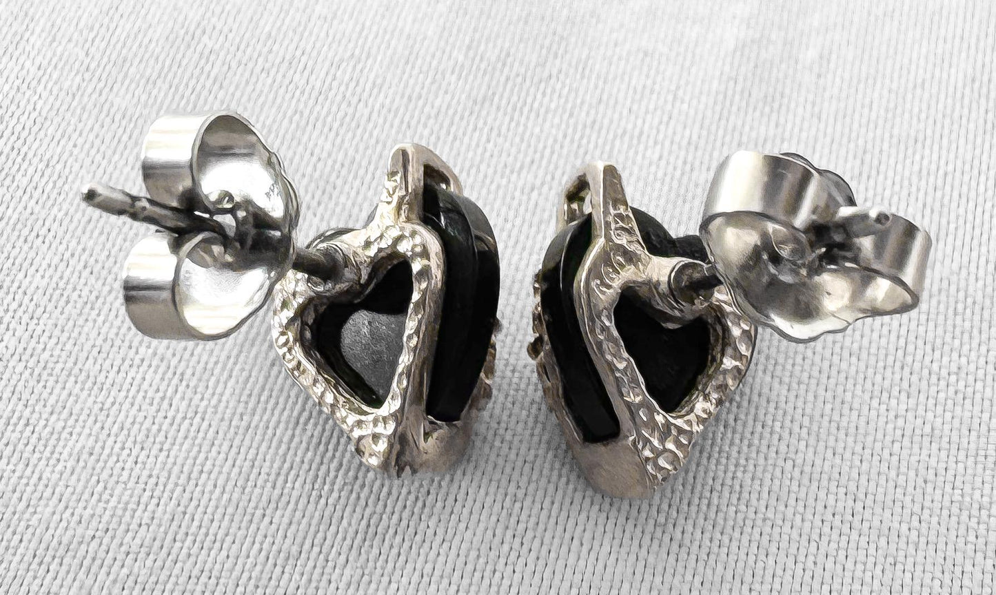 Vintage 925 12K RGC Black Hills Gold Onyx Leaf Detail Heart Stud Earrings