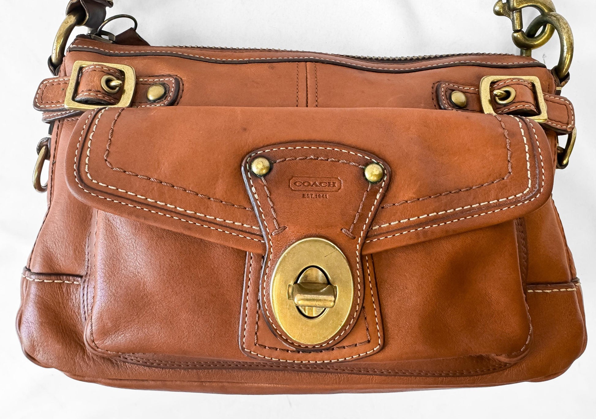 Y2K 00s Coach Legacy Leigh 65th Anniversary Cognac Brown Leather Turnlock Shoulder Bag, Style 11127