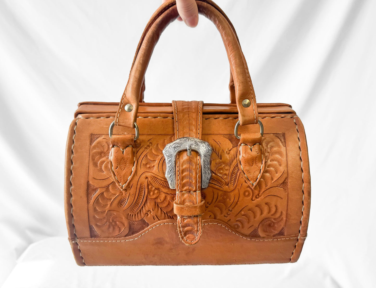 Vintage Force Ten Floral Tooled Leather Buckle Accent Top Handle Handbag with Detachable Crossbody Strap, Unique Western Boho Style Purse