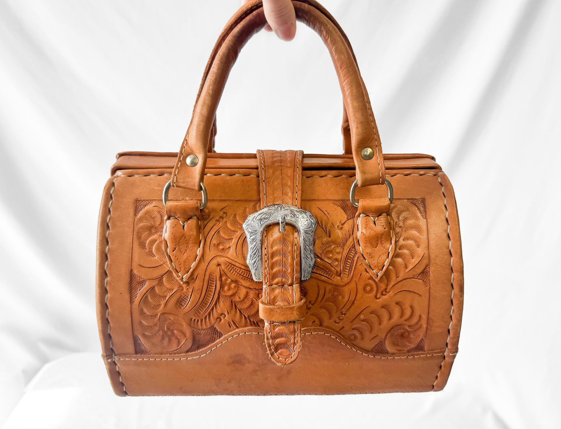 Vintage Force Ten Floral Tooled Leather Buckle Accent Top Handle Handbag with Detachable Crossbody Strap, Unique Western Boho Style Purse