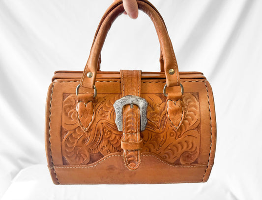 Vintage Force Ten Floral Tooled Leather Buckle Accent Top Handle Handbag with Detachable Crossbody Strap, Unique Western Boho Style Purse
