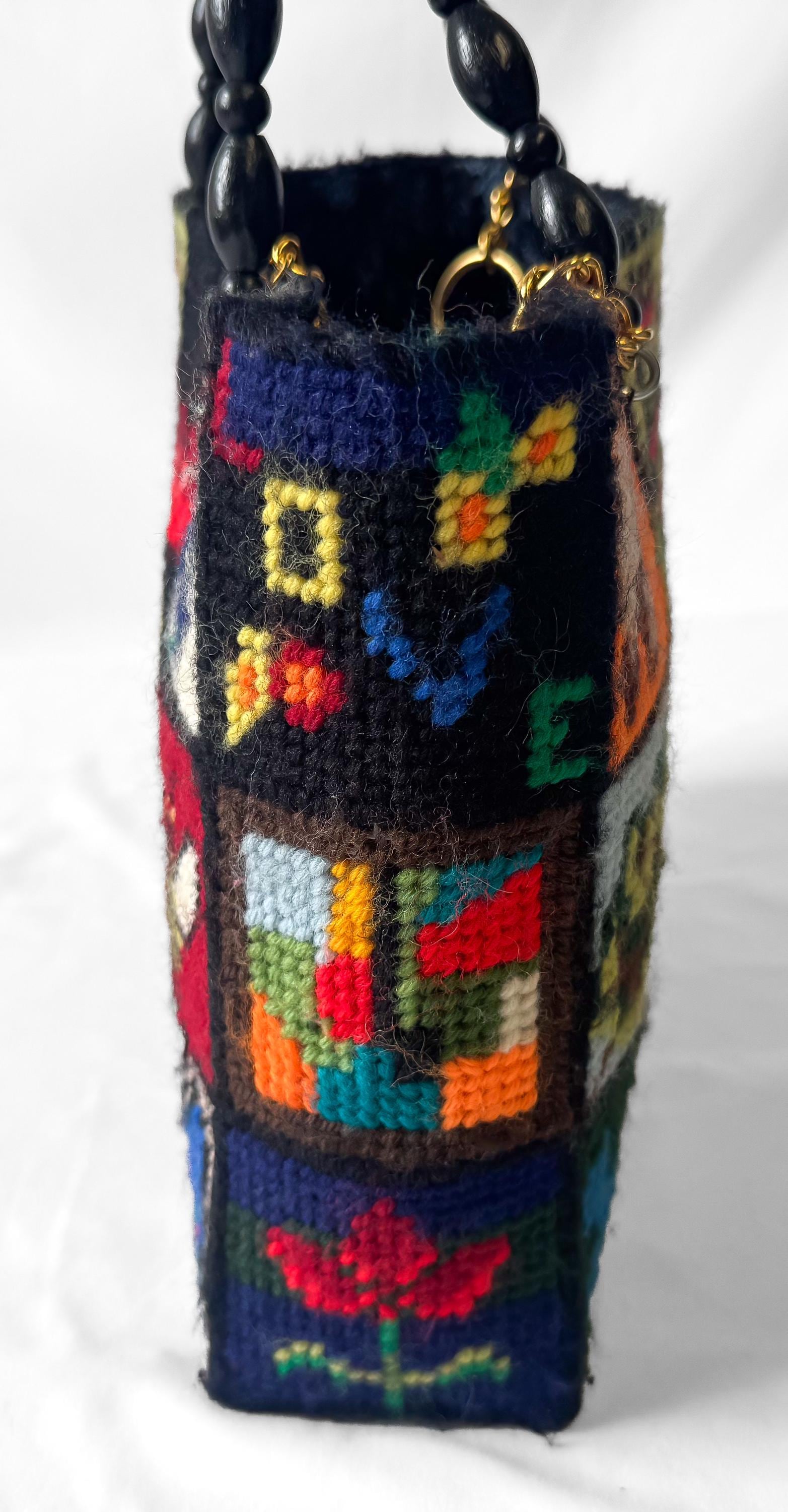 Vintage 70s Columbia Minvera "Ecology" Plant Animal Nature Needlepoint Wood Beaded Handle Handbag, Unique Boho Granny Cottage Core Purse
