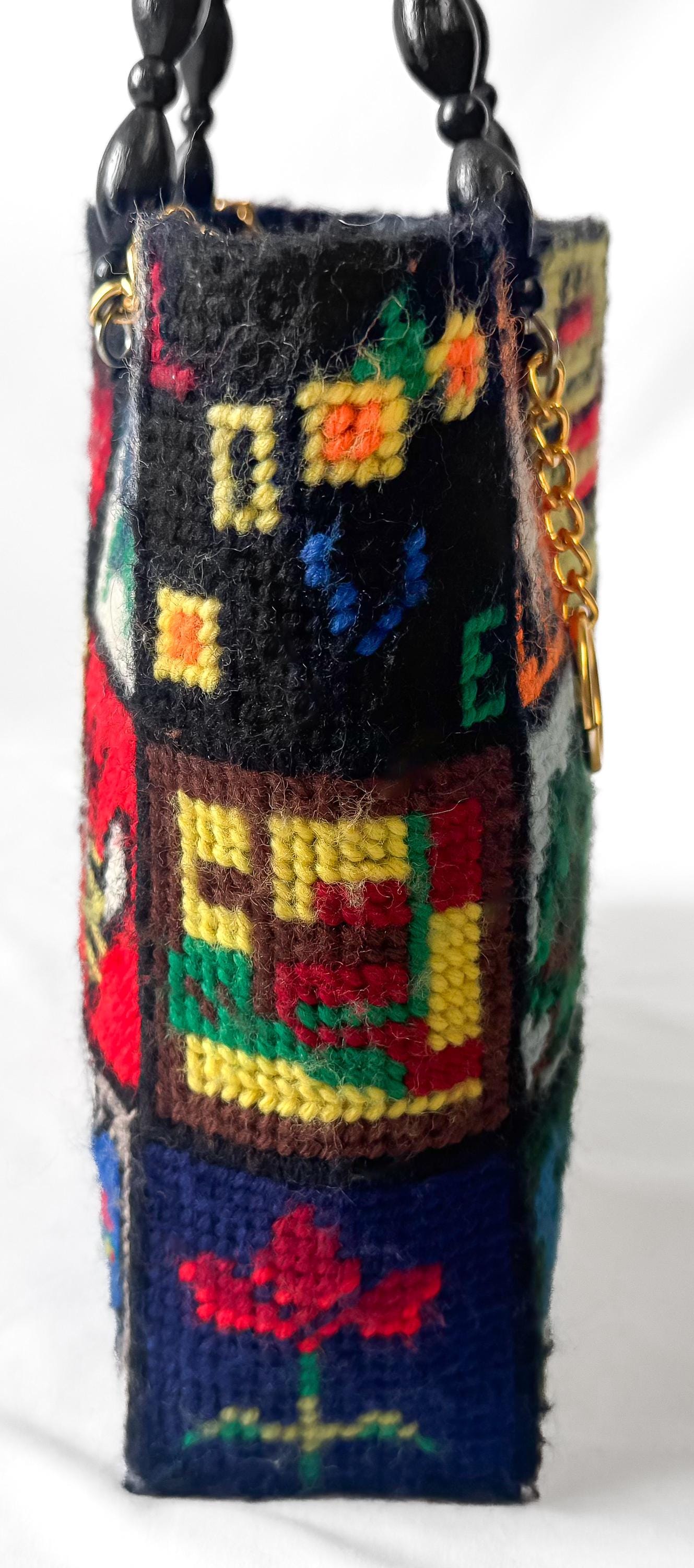 Vintage 70s Columbia Minvera "Ecology" Plant Animal Nature Needlepoint Wood Beaded Handle Handbag, Unique Boho Granny Cottage Core Purse