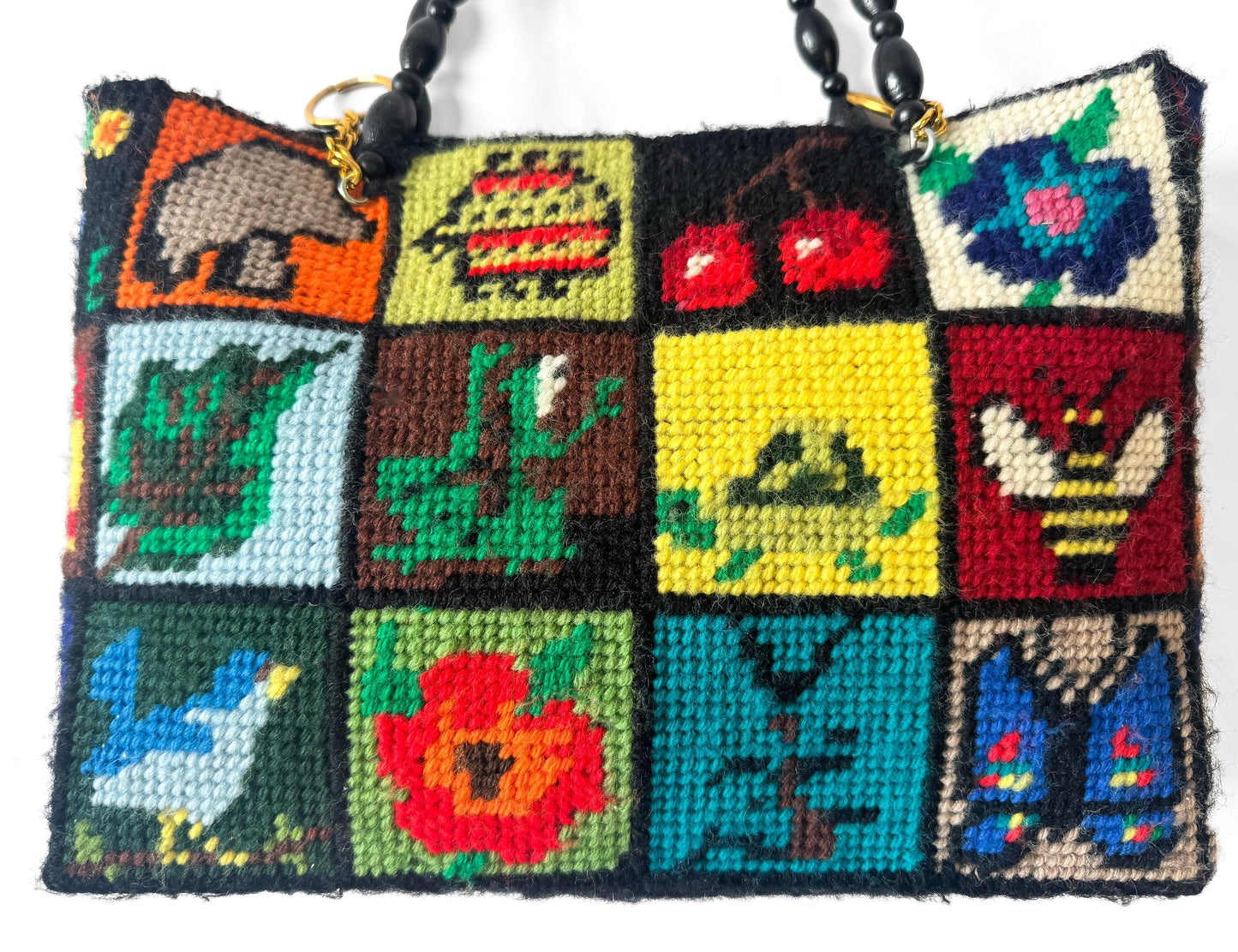 Vintage 70s Columbia Minvera "Ecology" Plant Animal Nature Needlepoint Wood Beaded Handle Handbag, Unique Boho Granny Cottage Core Purse