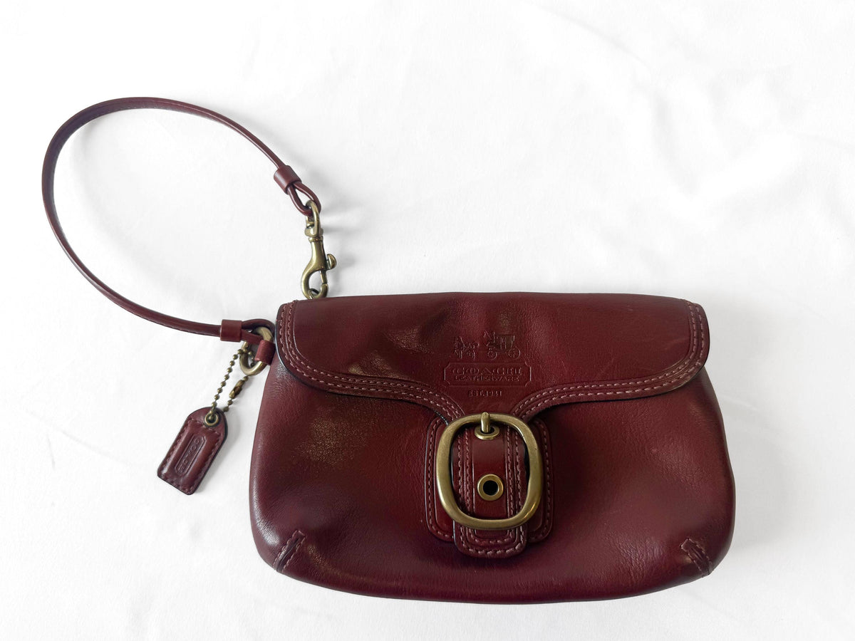 Y2K Coach Bleeker Burgundy Wine Leather Buckle Flap Wristlet, Vintage Unique Coach Bag