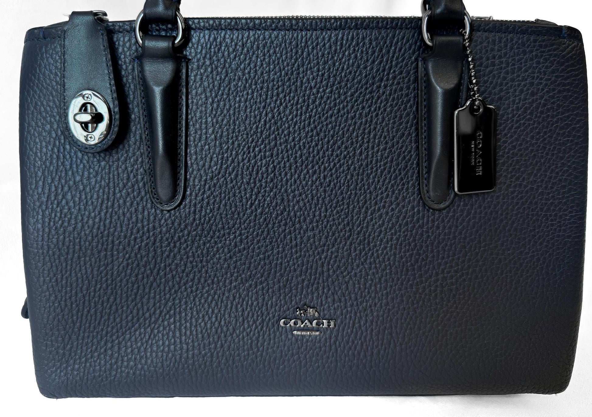 Modern Coach Brooklyn 28 Navy Blue Pebbled Leather Tote with Detachable Strap, Style #56839