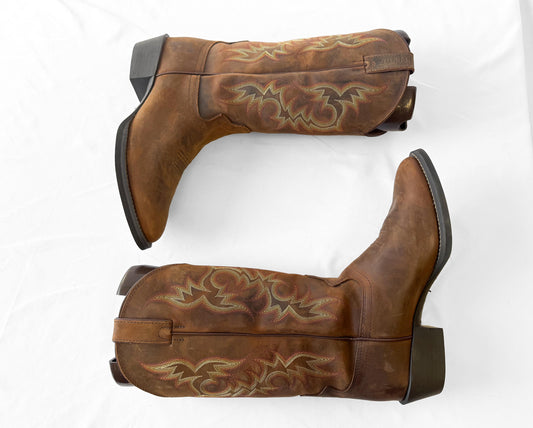 Vintage Style Justin Stampede Brown Leather Western Cowboy Boots, Style 2551, Men's Sz. 10D