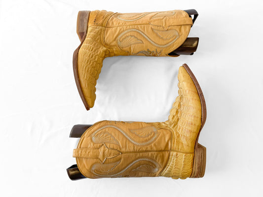 Vintage Style Campo Alegre Crocodile Caiman Golden Tan Embossed Leather Cowboy Boots, Men's Sz. 9, Unique Festival Rodeo Western Boots