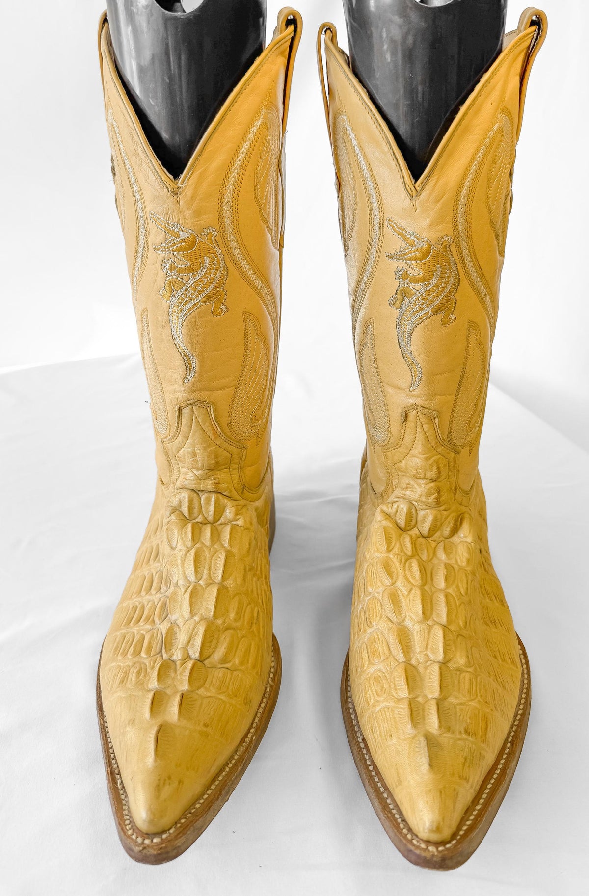 Vintage Style Campo Alegre Crocodile Caiman Golden Tan Embossed Leather Cowboy Boots, Men's Sz. 9, Unique Festival Rodeo Western Boots
