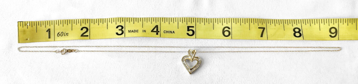 Vintage 10K Yellow Gold Round Diamond Heart 18 Inch Pendant Necklace