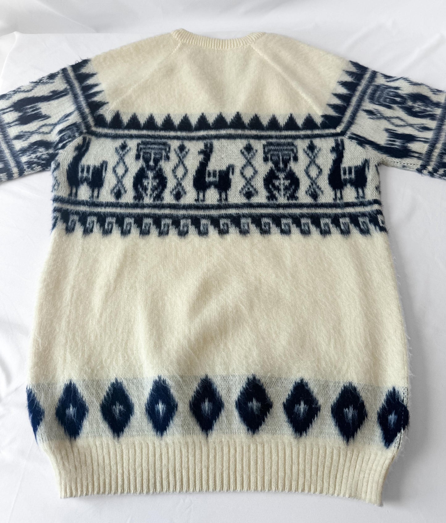 Vintage Cream Navy Alpaca Llama Andean Inca Geometric Print V-Neck Unisex Sweater, Approx. Men's Sz. L