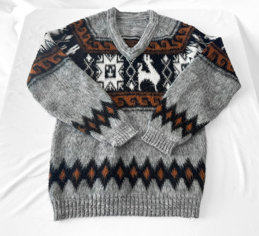 Vintage Gray Brown Alpaca Llama Andean Inca Style Geometric Print V-Neck Unisex Sweater, Approx. Men's Sz. L