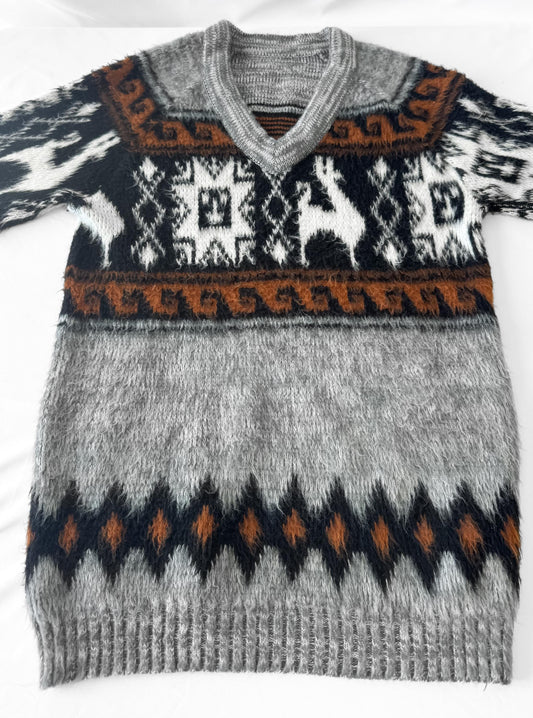 Vintage Gray Brown Alpaca Llama Andean Inca Style Geometric Print V-Neck Unisex Sweater, Approx. Men's Sz. L