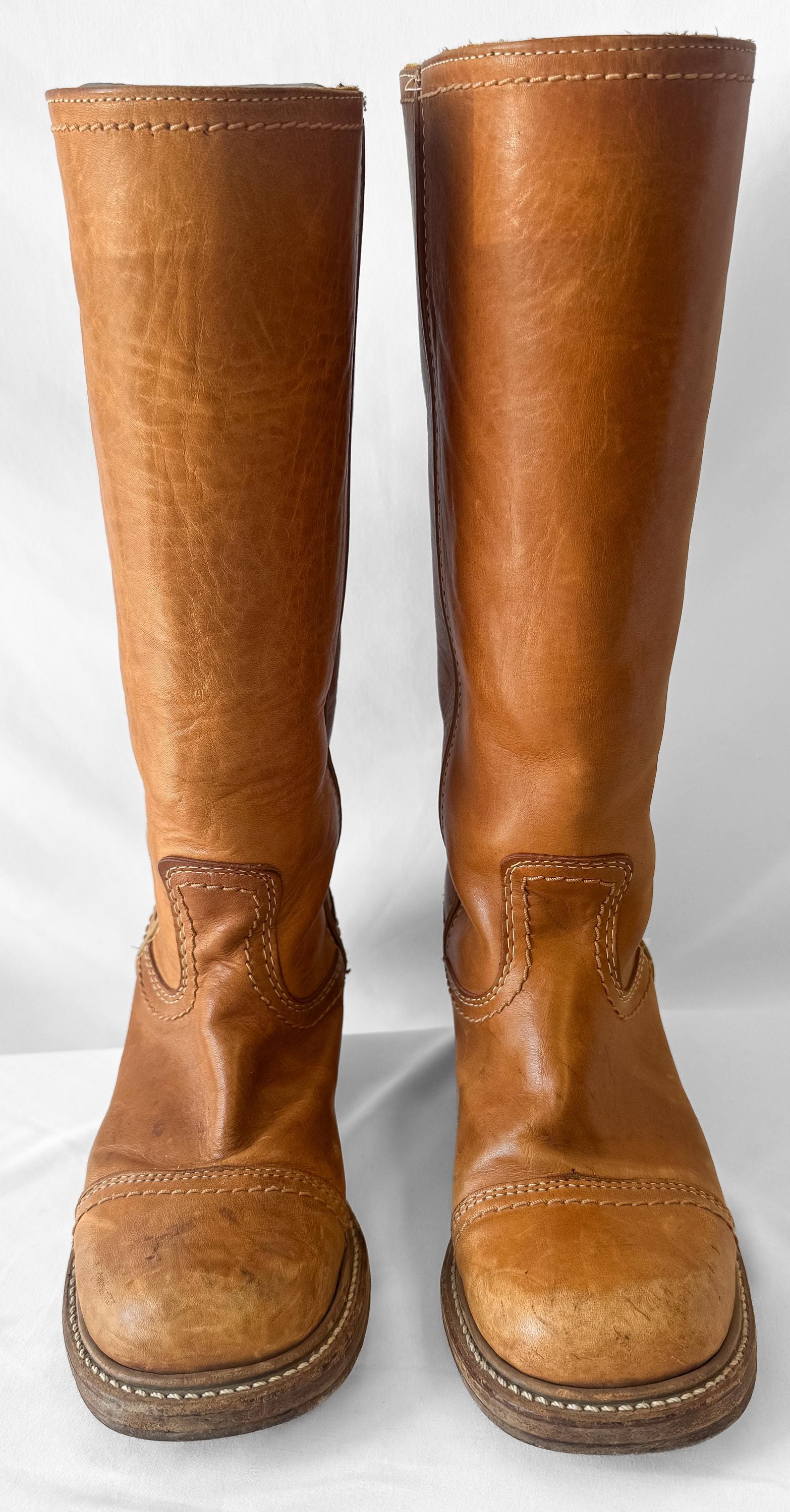 Vintage 70s Bort Carleton Tan Brown Leather Campus Style Knee High Boots, Approx. Women's Sz. 7