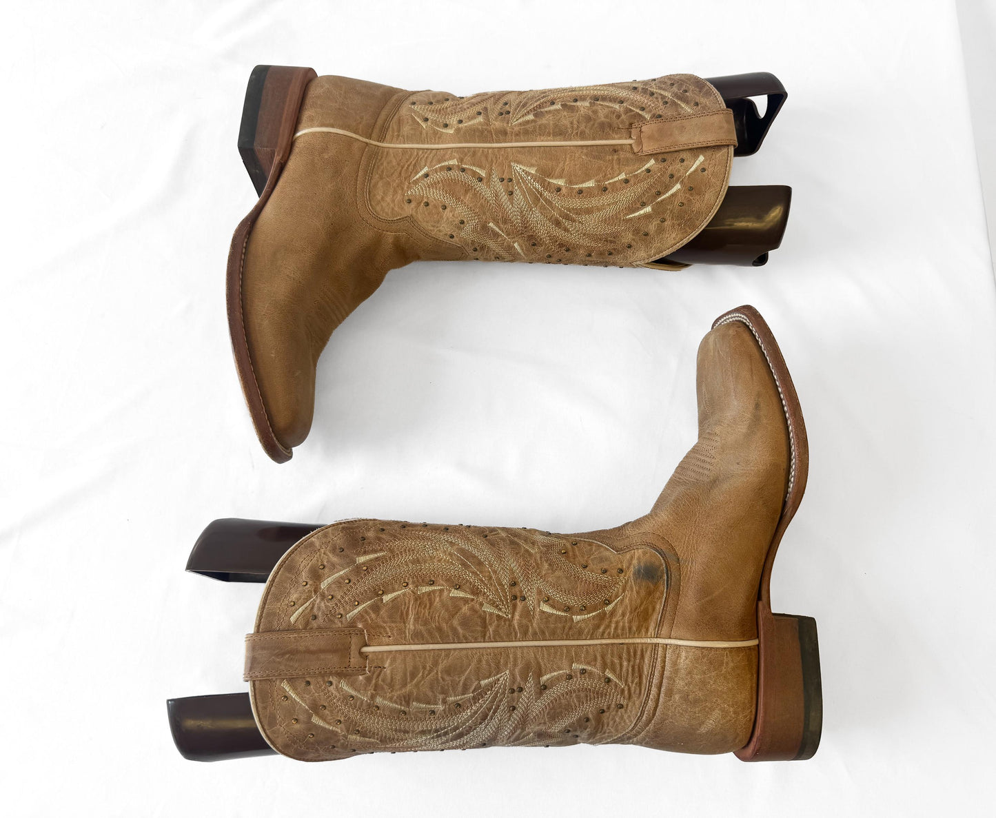 Vintage Style Shyanne Tan Studded Hybrid Leather TPU Imogen Cowboy Boots, Women's Sz. 9M, Unique Western Festival Style Boots