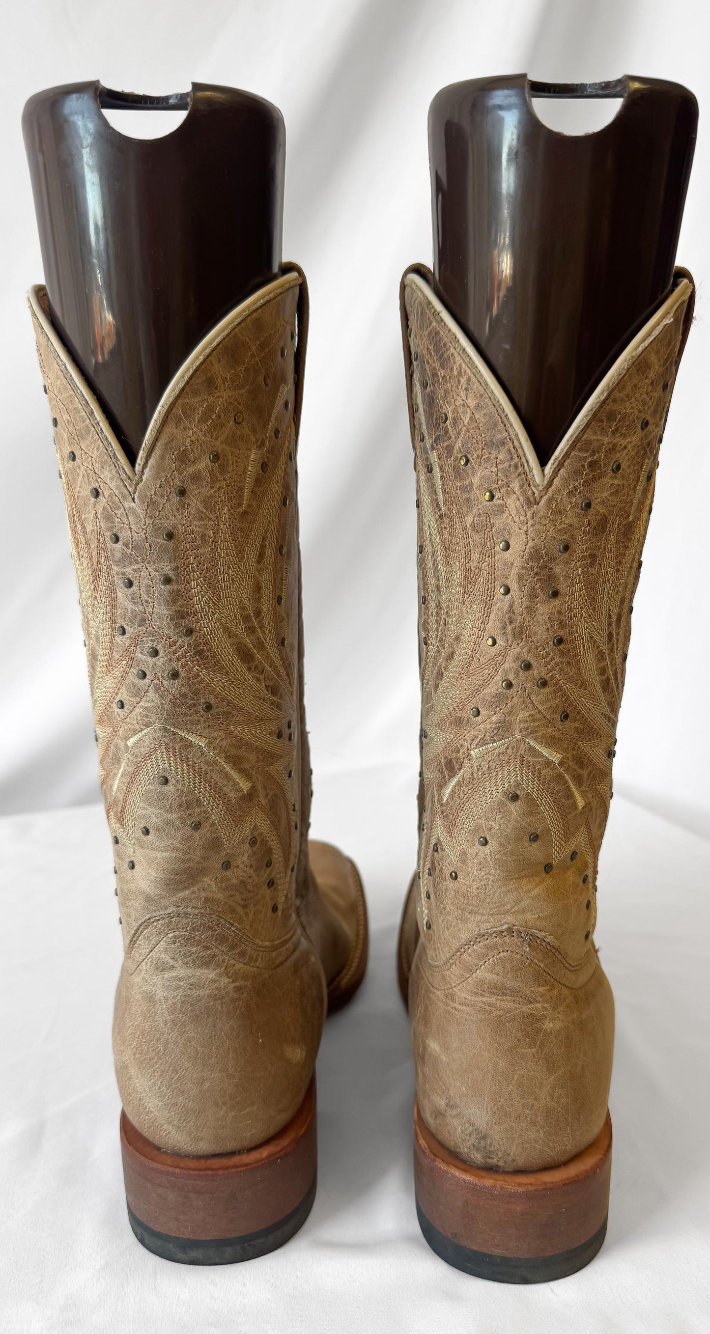 Vintage Style Shyanne Tan Studded Hybrid Leather TPU Imogen Cowboy Boots, Women's Sz. 9M, Unique Western Festival Style Boots
