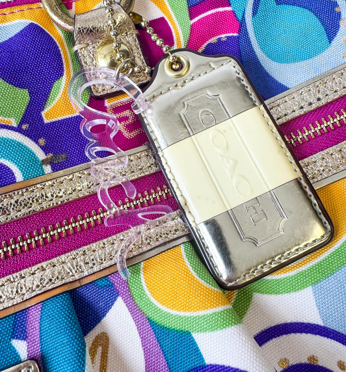 Y2K Coach Poppy Graffiti Vibrant Rainbow Multicolor Metallic Gold Nylon Shoulder Tote Bag, Style #15293