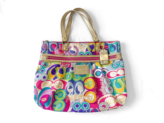 Y2K Coach Poppy Graffiti Vibrant Rainbow Multicolor Metallic Gold Nylon Shoulder Tote Bag, Style #15293