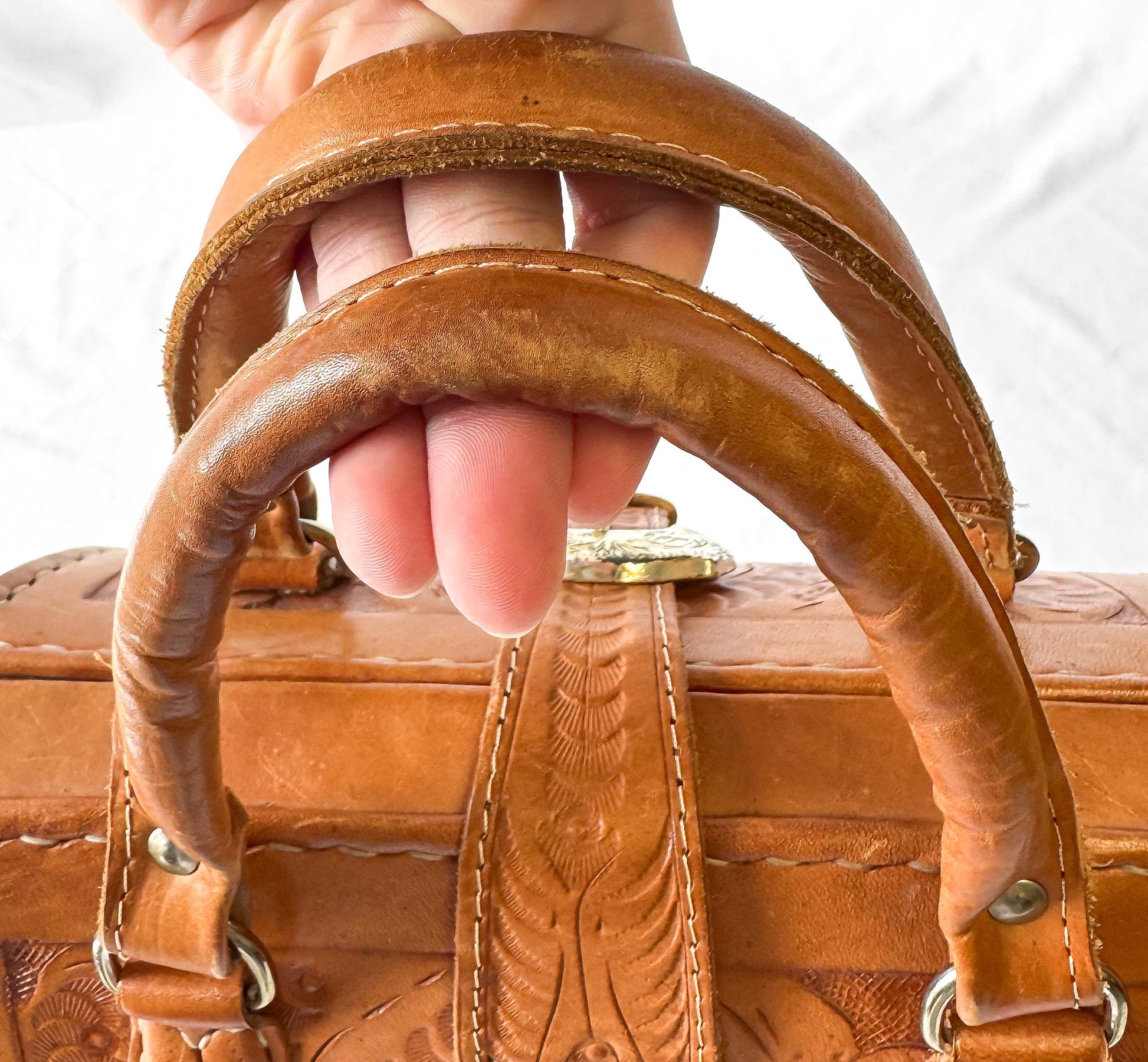 Vintage Force Ten Floral Tooled Leather Buckle Accent Top Handle Handbag with Detachable Crossbody Strap, Unique Western Boho Style Purse