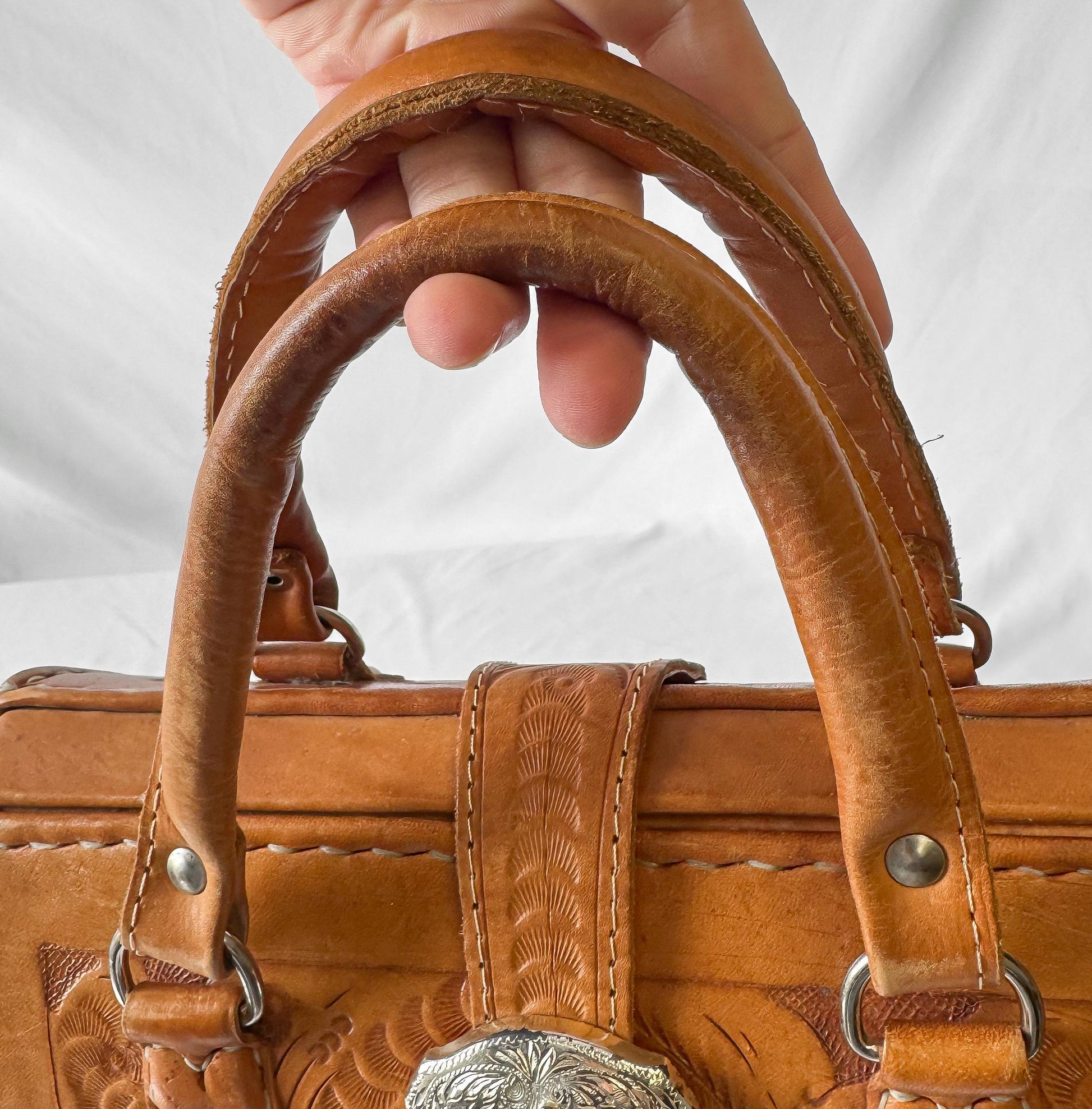 Vintage Force Ten Floral Tooled Leather Buckle Accent Top Handle Handbag with Detachable Crossbody Strap, Unique Western Boho Style Purse