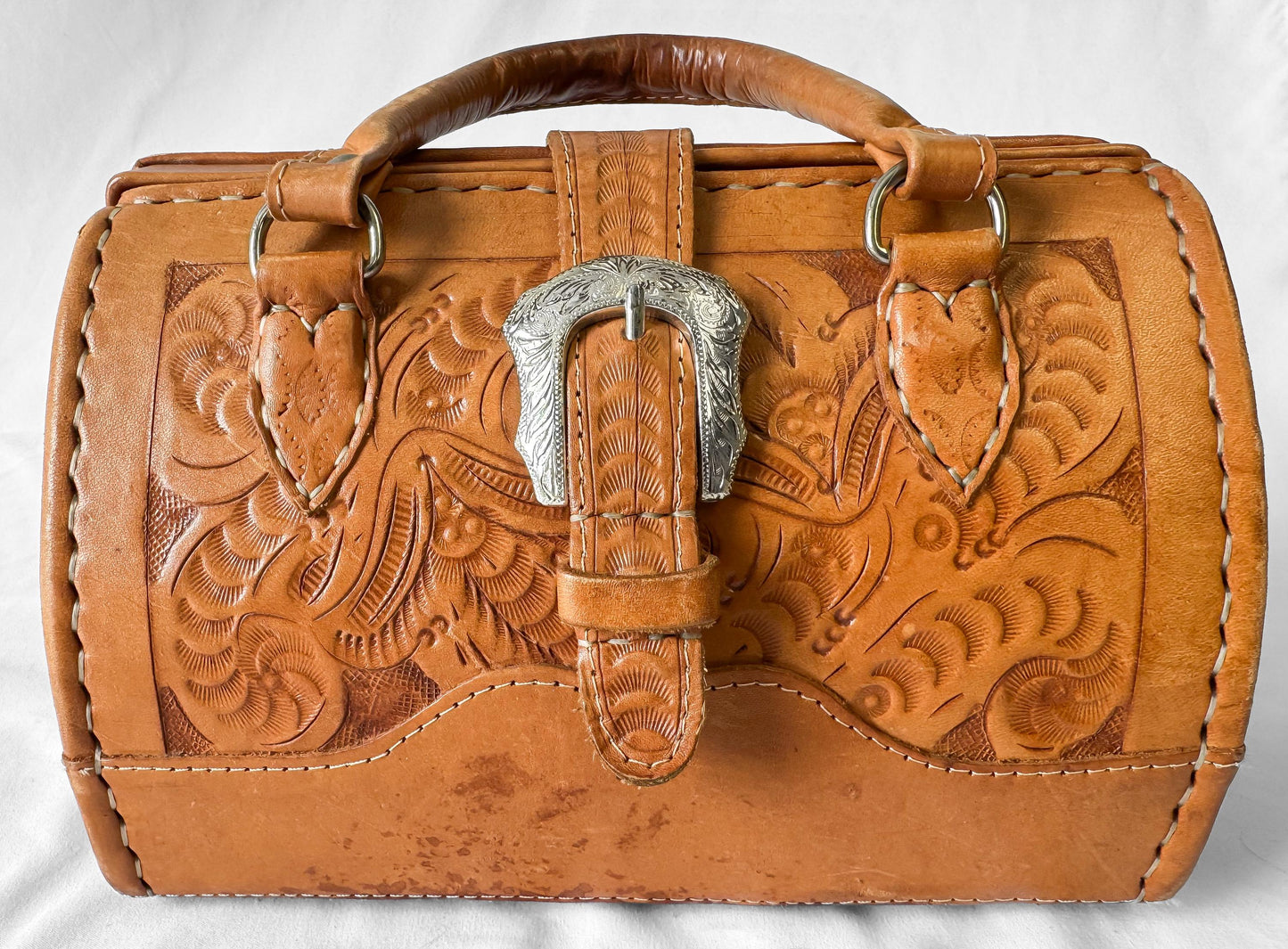 Vintage Force Ten Floral Tooled Leather Buckle Accent Top Handle Handbag with Detachable Crossbody Strap, Unique Western Boho Style Purse