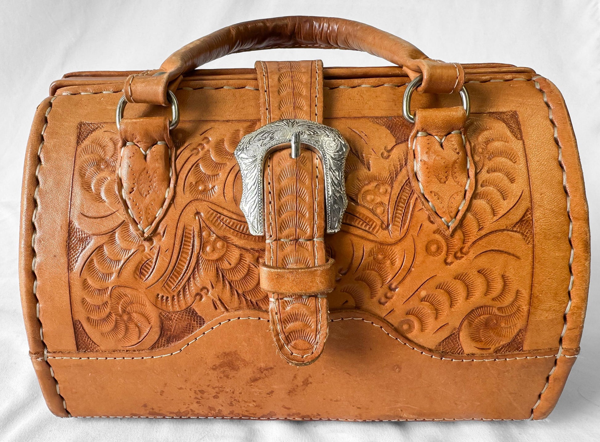 Vintage Force Ten Floral Tooled Leather Buckle Accent Top Handle Handbag with Detachable Crossbody Strap, Unique Western Boho Style Purse