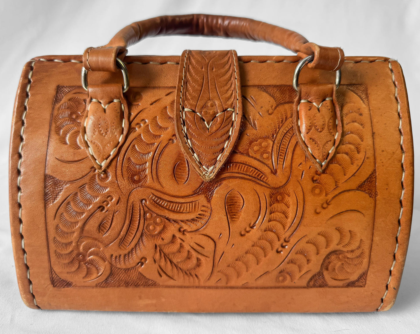 Vintage Force Ten Floral Tooled Leather Buckle Accent Top Handle Handbag with Detachable Crossbody Strap, Unique Western Boho Style Purse