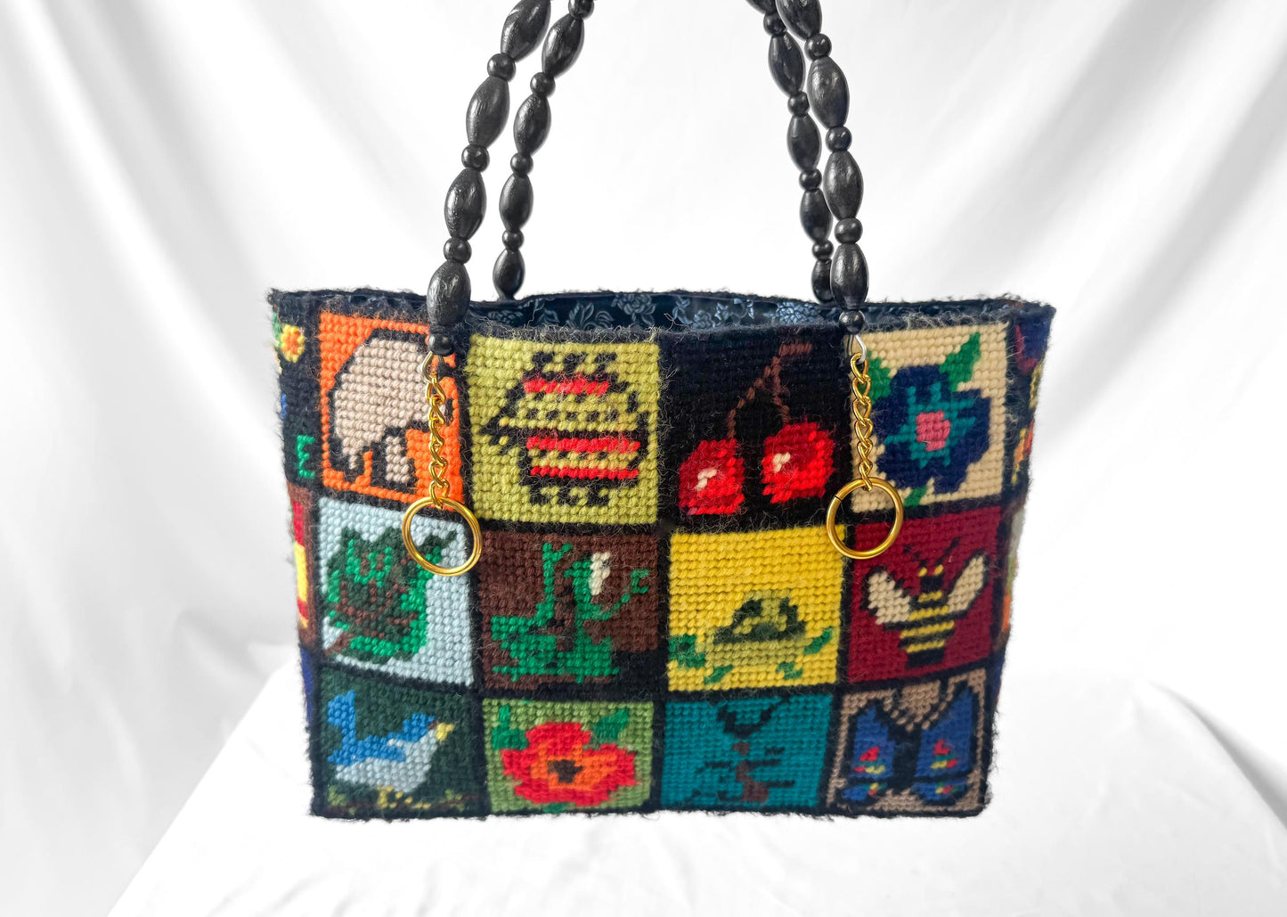 Vintage 70s Columbia Minvera "Ecology" Plant Animal Nature Needlepoint Wood Beaded Handle Handbag, Unique Boho Granny Cottage Core Purse