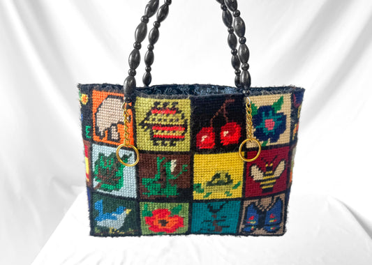 Vintage 70s Columbia Minvera "Ecology" Plant Animal Nature Needlepoint Wood Beaded Handle Handbag, Unique Boho Granny Cottage Core Purse