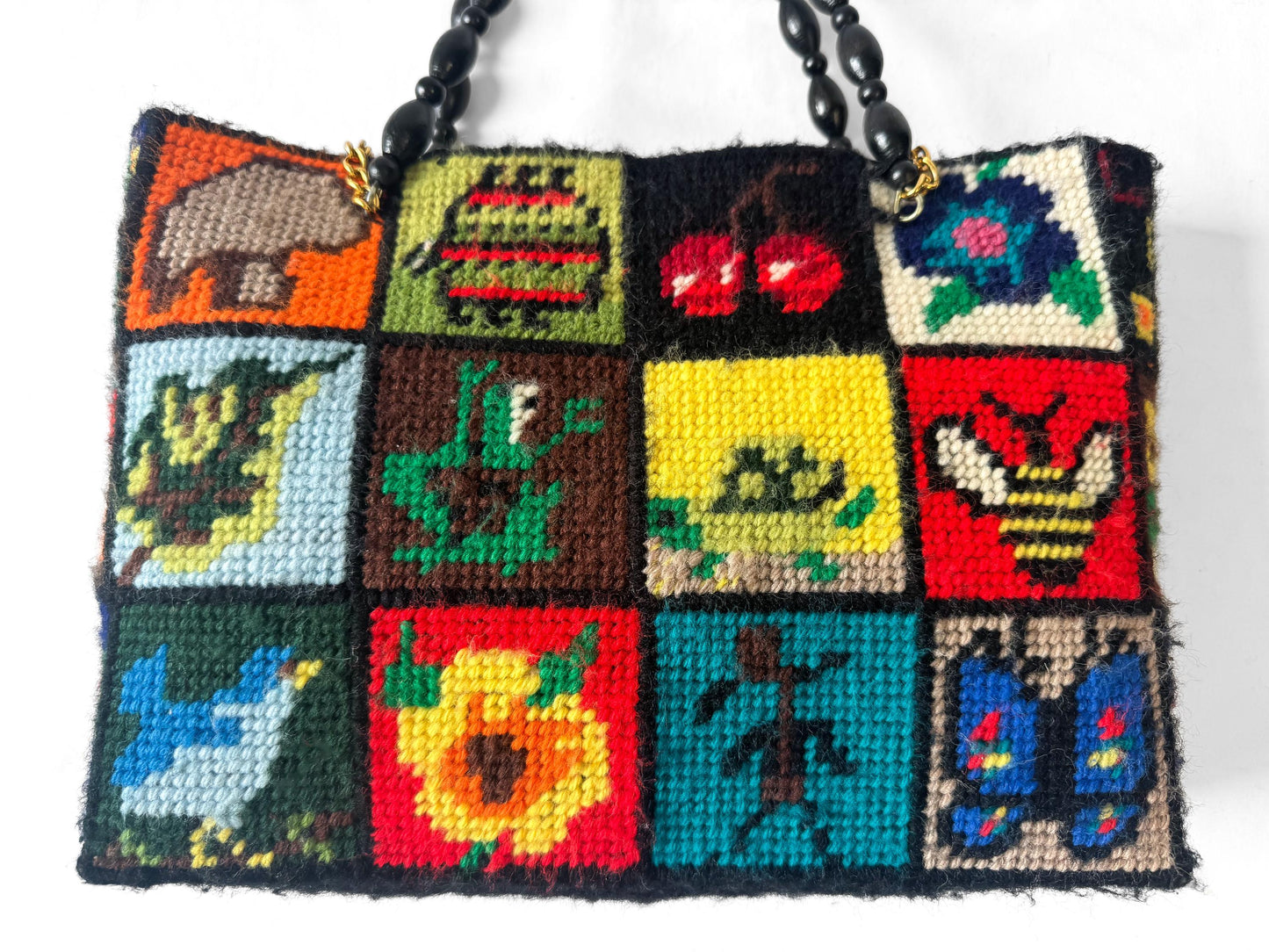 Vintage 70s Columbia Minvera "Ecology" Plant Animal Nature Needlepoint Wood Beaded Handle Handbag, Unique Boho Granny Cottage Core Purse