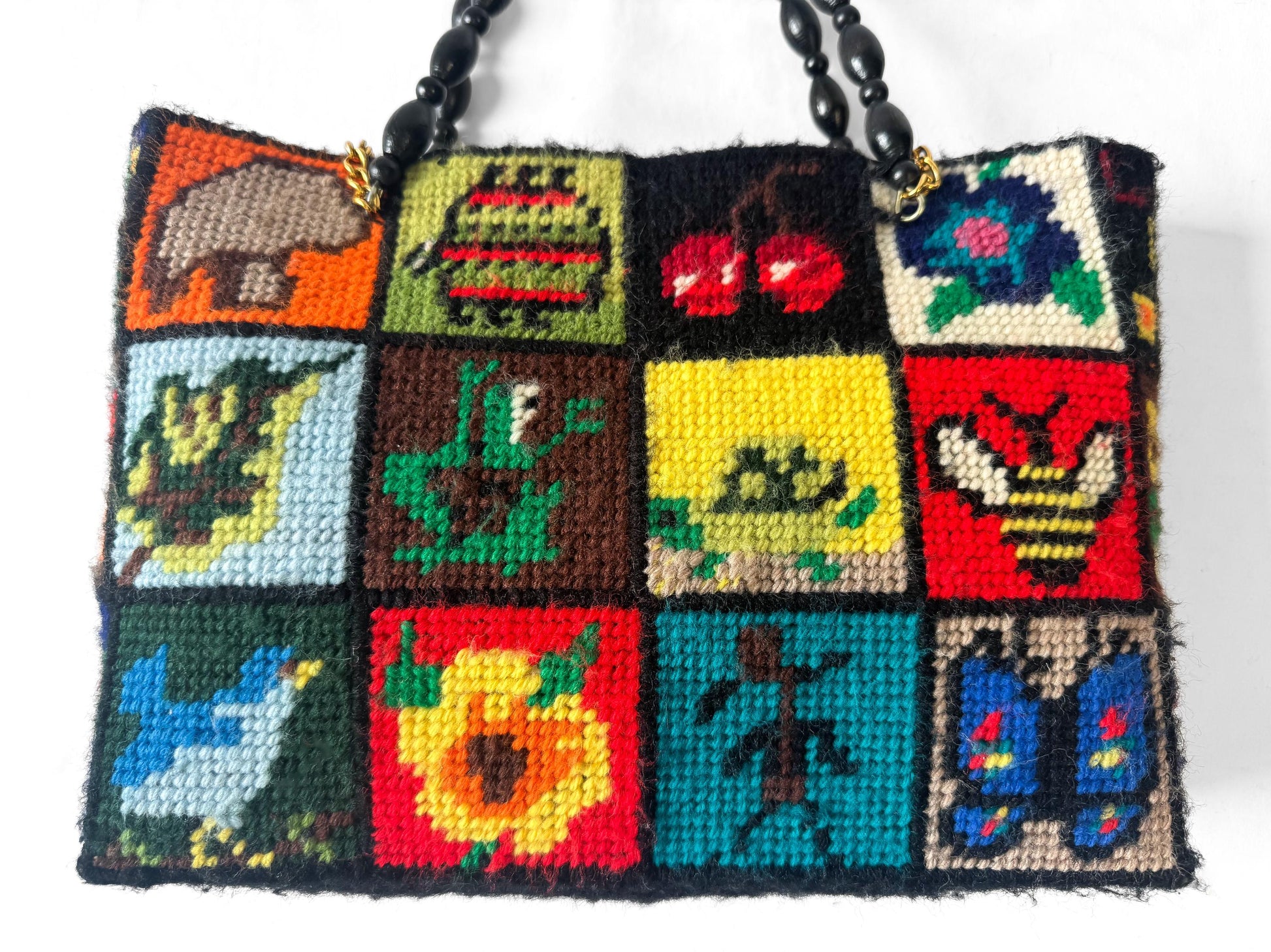 Vintage 70s Columbia Minvera "Ecology" Plant Animal Nature Needlepoint Wood Beaded Handle Handbag, Unique Boho Granny Cottage Core Purse